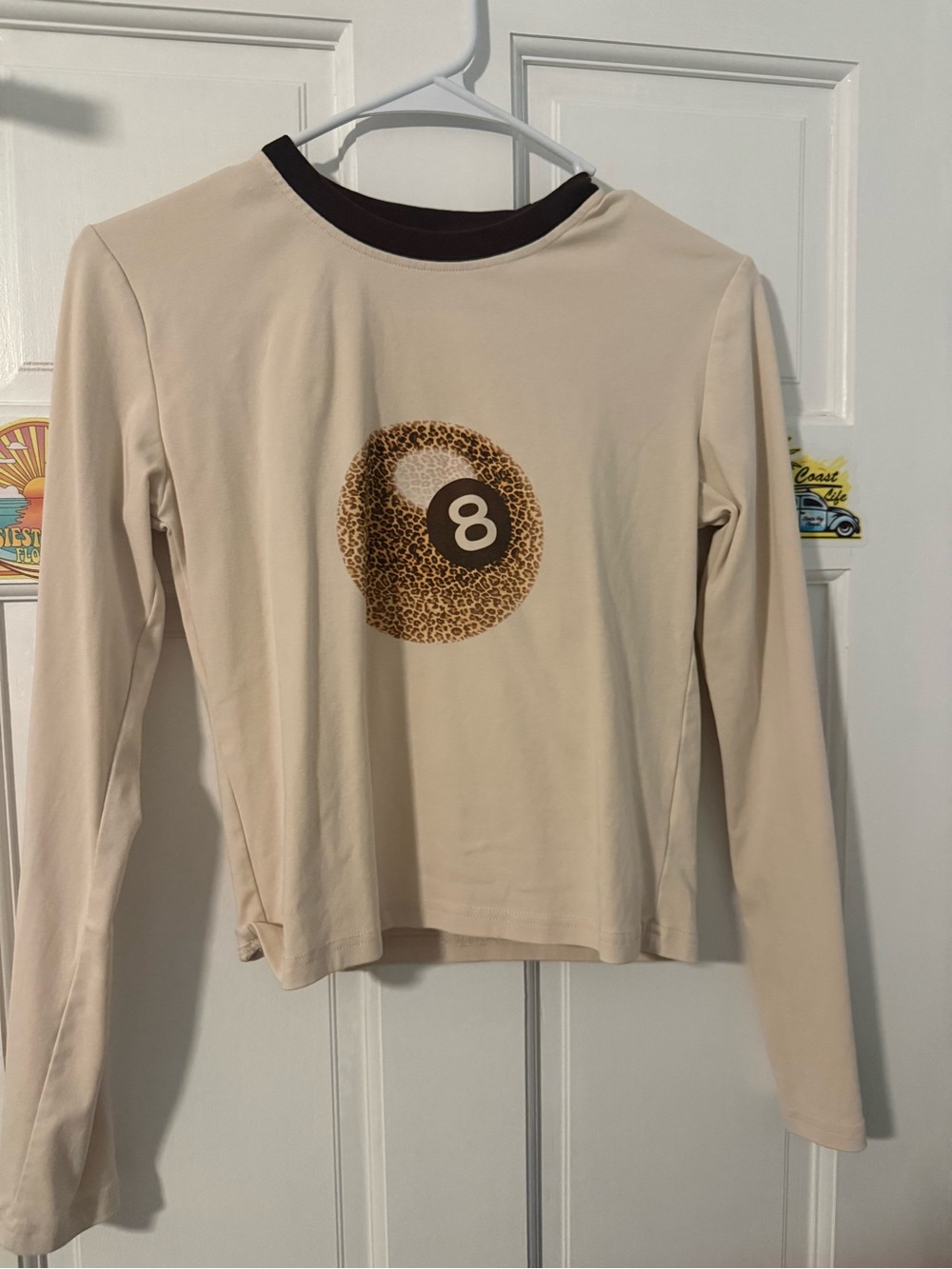Edikted Beige Long Sleeve Tee with Leopard 8-Ball Graphic